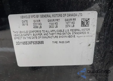 2015 Chevrolet Impala 2Lz из США, поврежденный, VIN 2G1165S3XF9292688